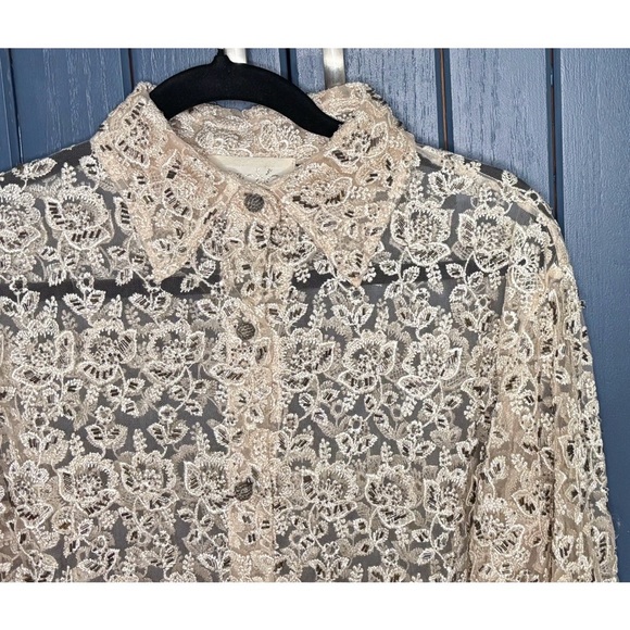 Vintage Cache Cellulose Rayon Cream Beaded Floral Button Up Top Shacket Sz Large - Picture 2 of 6